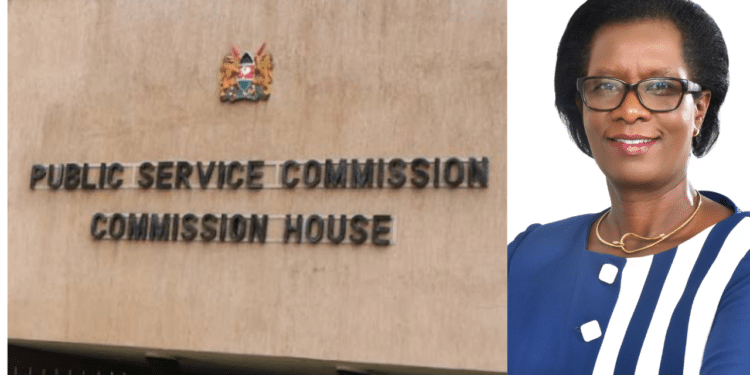 A side-to-side photo of Lyn Cherop Mengich, Salaries and Remuneration Commission chairperson (right) and Public Service Commission Offices (left). Photo/SRC