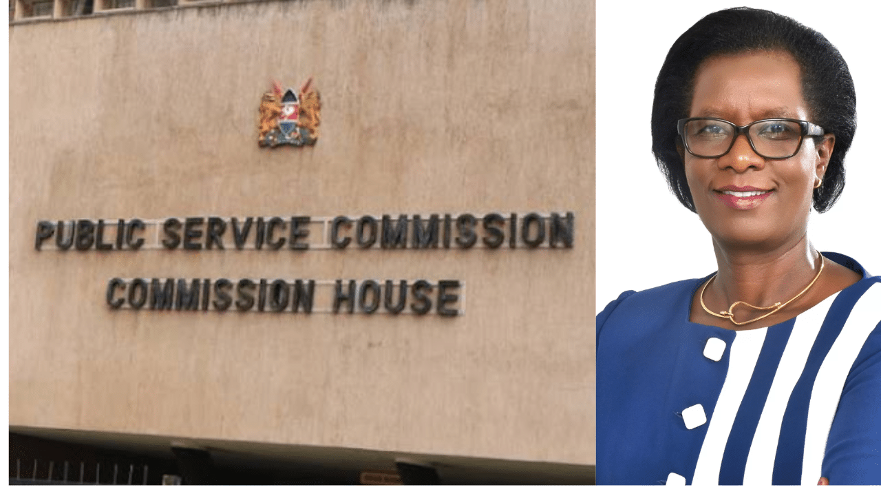 A side-to-side photo of Lyn Cherop Mengich, Salaries and Remuneration Commission chairperson (right) and Public Service Commission Offices (left). Photo/SRC