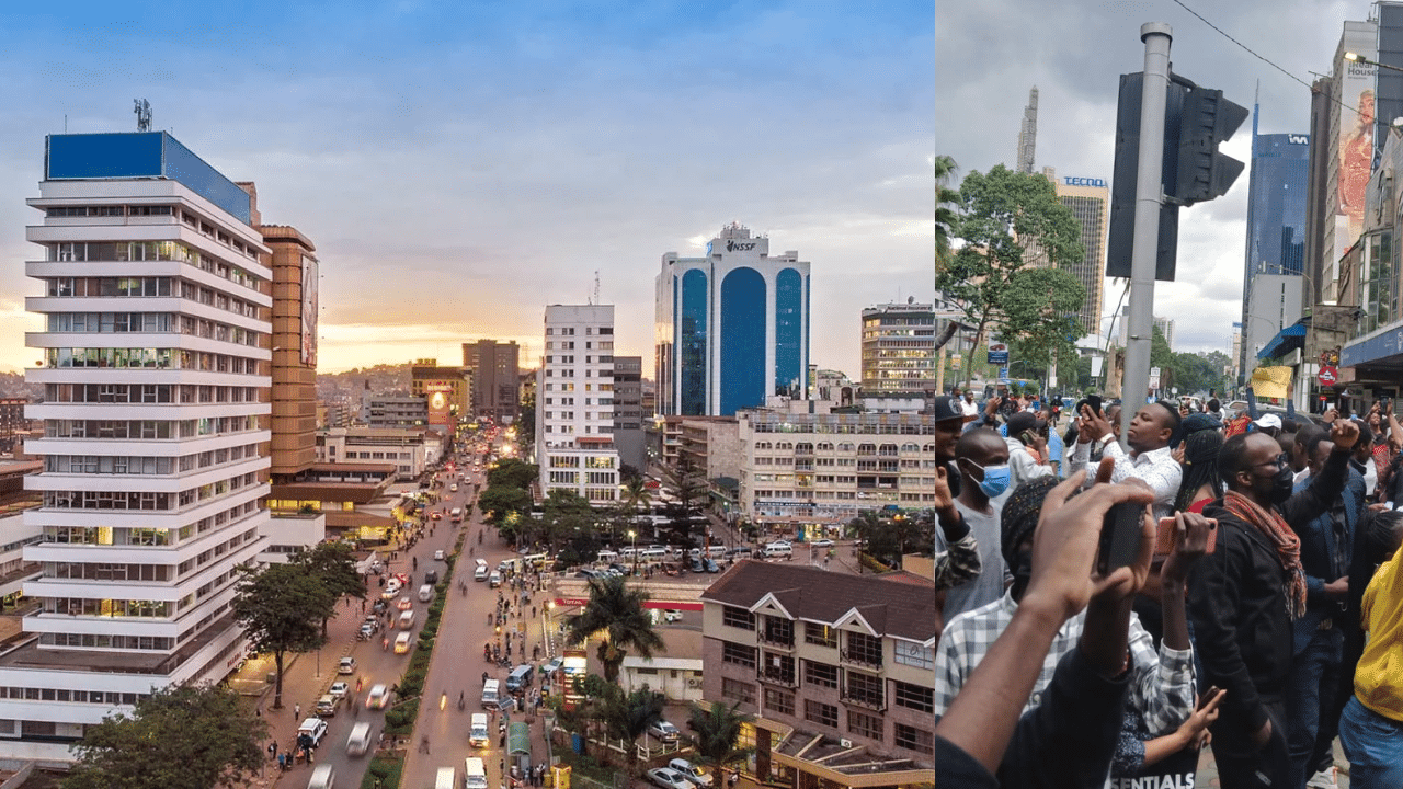 A side-to-side photo of Kampala City (left) and Kenyan youths on the streets of Nairobi in the recent protesting. Photo/Courtesy