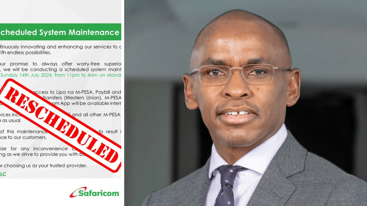 A side-to-side phot of Safaricom CEO Peter Ndegwa (right) and screenshot of Safaricom notice (left). Photo/Safaricom(X)