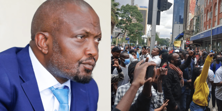 A Side-To-Side Photo Of Moses Kuria (Left) And Kenyans Youths Protesting At The Streets Of Nairobi. Photo/Courtesy