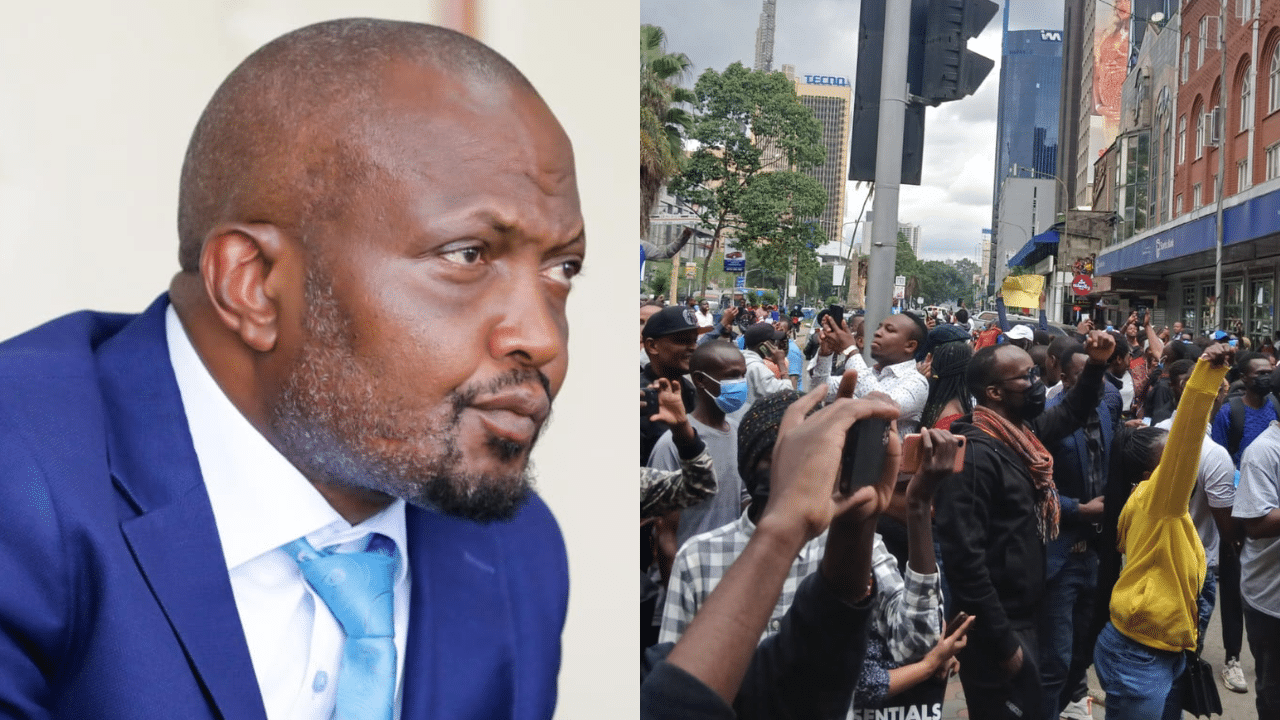 A side-to-side photo of Moses Kuria (left) and Kenyans youths protesting at the streets of Nairobi. Photo/Courtesy