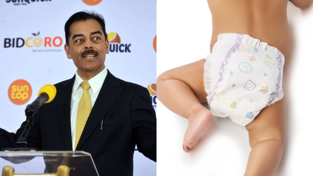 A side-to-side photo of Vimal Shah, CEO of Bidco Africa (left) and baby in diaper (right). Photo/Courtesy