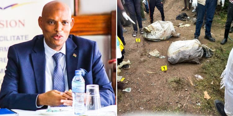 Photo collage of DCI Director Mohamed Amin and the scene of the Quarry dumpsite in Mukuru. PHOTO/Courtesy