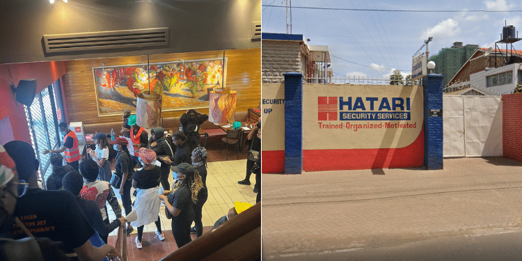 A side to side photo of Vincent Chepkwony seen allowing protesters inside Java House Kimathi street on June 18, 2024, and Hatari Security. Photo/Courtesy