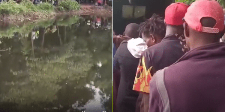 A side-by-side photo of the swamp in Ndia, Kirinyanga County and residents at the scene after the bodies were recovered. PHOTO/Screengrab.