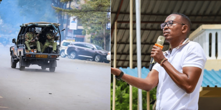 A photo collage of Nyali MP Mohammed Ali and a police vehicle pictured during the anti-government protests in Nairobi on July 16, 2024.