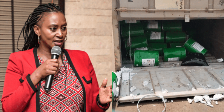 A side-to-side photo of Public Health and Professional Standards PS Mary Muthoni during a past address (left) and Chemical cans of overturned truck (right). Photo/Courtesy