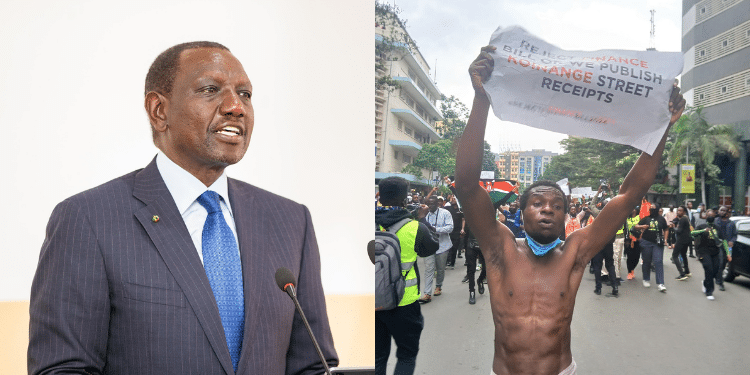 A side-to-side photo of President Ruto (left) and Kenyan youths on the streets protesting (right). Photo/Ruto (X)