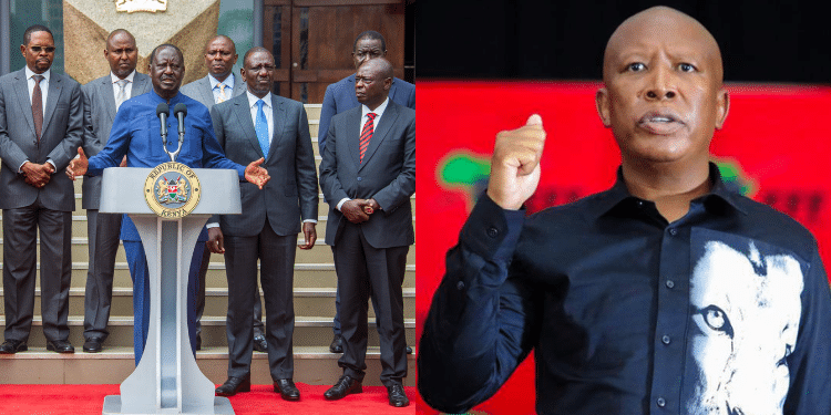A side-to-side photo of leader of South Africa’s Economic Freedom Fighters (EFF), Julius Malema (right) and Raila Odinga in a presser with President Ruto. Photo/Raila(X)