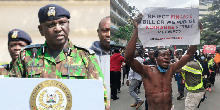 A side-to-side photo of Acting Inspector General of Police Douglas Kanja Kirocho (left) and Kenyan youths on the streets of Nairobi CBD protesting. Photo/Courtesy