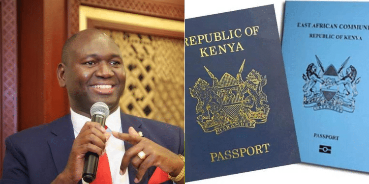 A photo collage of Amb. Prof. Julius Bitok, Principal Secretary for Immigration and Citizens Services and Kenyan passports. PHOTO/Courtesy.