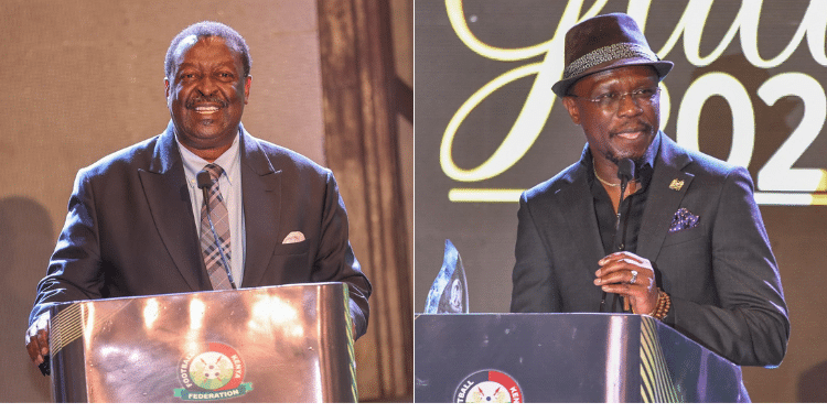 A side to side photo OD Prime CS Musalia Mudavadi and former Sports cs Ababu Namwamba attending FKF Gala event. Photo/ PCS