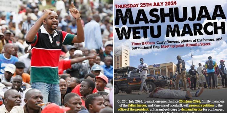 Collage of Activist Boniface Mwangi & The "Mashujaa Wetu" Parliament March Poster. PHOTO/Courtesy