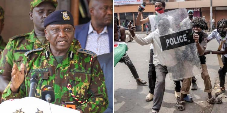 Collage of Acting Inspector General of Police Douglas Kanja Kirocho (left) and Kenyan youths on the streets of Nairobi CBD protesting. Photo/Courtesy