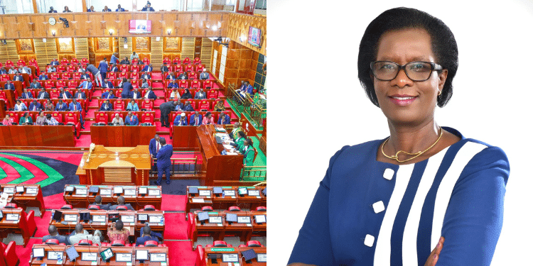 A side-to-side photo of a past Parliament session and a photo of SRC CEO Lynne Mengich.