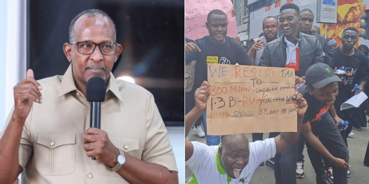 Side to side photo of Defence CS Aden Duale and Protestors in Nairobi County in June 2024. PHOTO/ courtesy