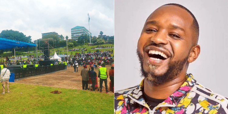 Side to side photo of Kenyans at Uhuru Park and Activist Boniface Mwangi. PHOTO/Courtesy