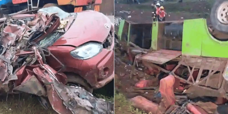 A collage of the wreckages of a bus and a car involved in a grislyt accident at Sachangwan area, Nakuru, on August 202, 2024. photo/courtesy