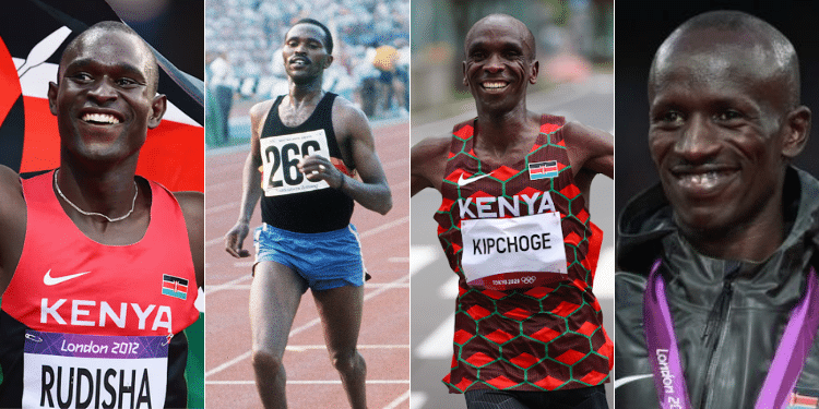 Past Olympics Gold medalist David Lekuta Rudisha (L), Kipchoge Hezekiah Keino, Eliud Kipchoge and Ezekiel Kemboi Chebii. Photo/ Courtesy