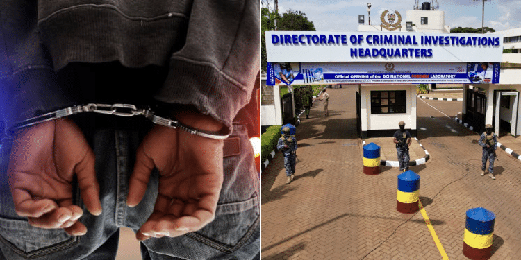 A side to side photo of man in cuffs and DCI headquarters. PHOTO/ Courtesy