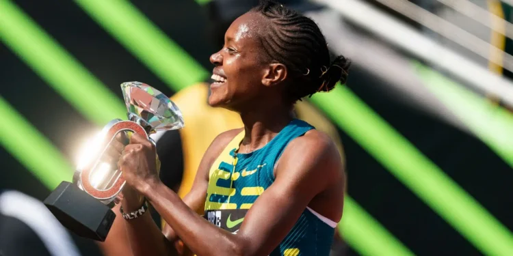 Prefontaine Classic: Day 1 - Diamond League 2023Faith Kipyegon after winning in the women's 1500m at the Prefontaine Classic: Diamond League 2023