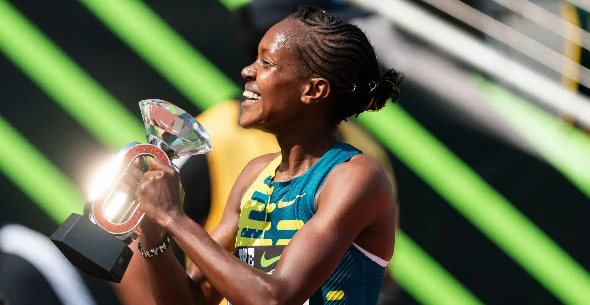 Prefontaine Classic: Day 1 - Diamond League 2023Faith Kipyegon after winning in the women's 1500m at the Prefontaine Classic: Diamond League 2023