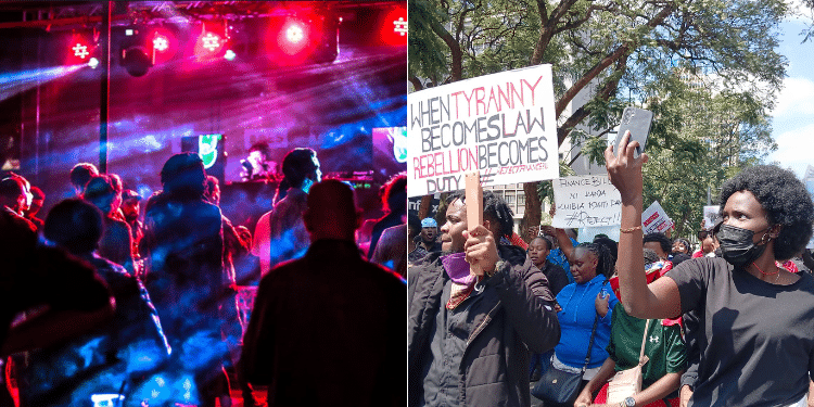 A side to side photo of a club in Kenya and protestors in Nairobi CBD. Photo/ Courtesy