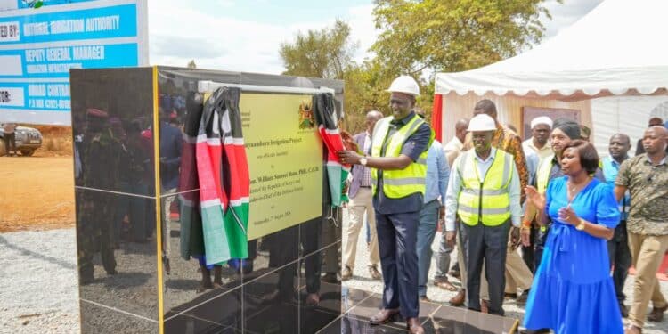 A side to side photo launching Kanyuambora Irrigation Project launched by Sicily Kariuki and President William Ruto launching the same. Photo/ Courtesy