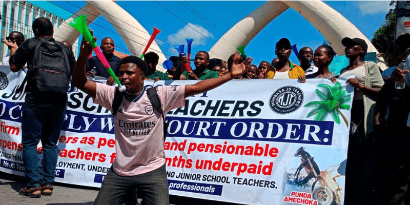 Junior Secondary School teachers protesting against the Teachers Service Commission in Mombasa in this photo taken on May 20, 2024. photo/ NMG