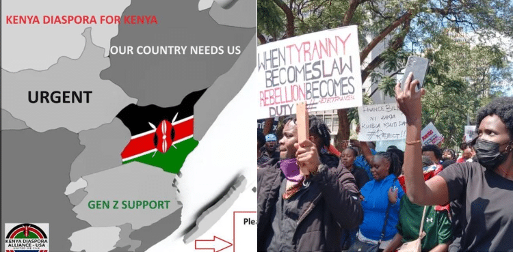 side to side photo of the contribution poster and protestors in Nairobi CBD. Photo/ Courtesy