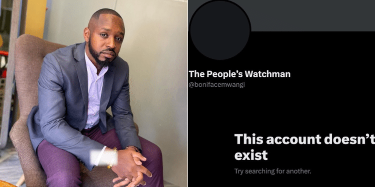 A side to side phoo of Activist Boniface Mwangi and his deactivated twitter account. Photo/ Courtesy