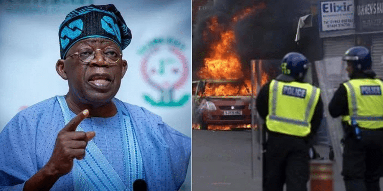 Side to side photo of Nigeria President Bola Tinubu and Anti-riot police stand and watch as a car burns during the anti-immigration protests in UK. PHOTO/AP