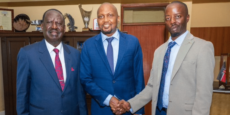 Azimio leader Raila Odinga, with former Public Service CS Moses Kuria and Raila Odinga Junior. PHOTO/Kuria X.