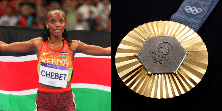 5000m Gold medalist Beatrice Chebet and a gold medal in Paris Olympics. Photo/Courtesy
