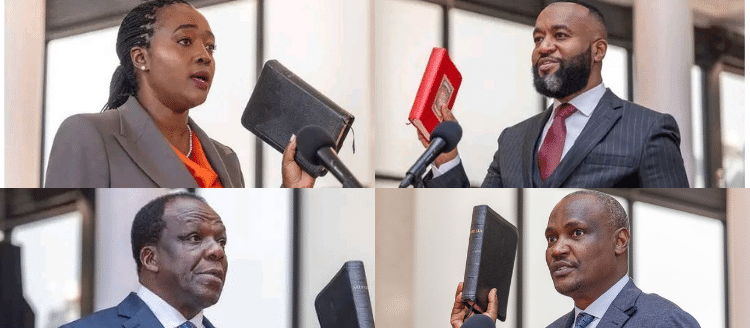 A photo collage of CSs Soipan Tuya (Defence), Hassan Joho (Mining), Wycliffe Oparanya (Cooperatives) and John Mbadi (Treasury). PHOTO/Courtesy.