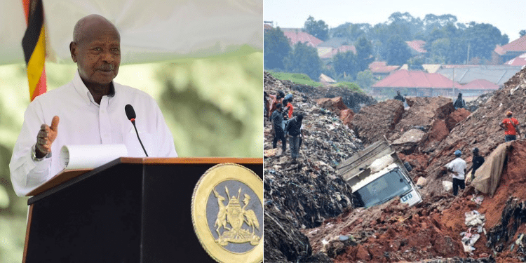 A photo collage of President of Uganda, Yoweri Museveni and Kiteezi landfill after the incident. PHOTO/Courtesy.
