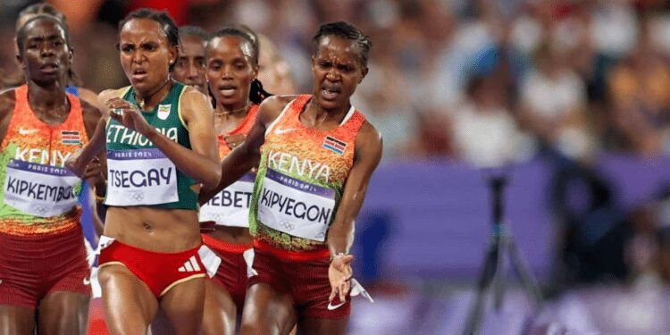 Faith Kipyegon and Gudaf Tsegay during the women's 5000m race at the Paris 2024 Olympics. PHOTO/Courtesy.
Faith Kipyegon and Gudaf Tsegay during the women’s 5000m race at the Paris 2024 Olympics. PHOTO/Courtesy.