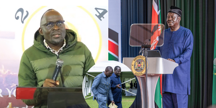 Apostle Michael Mband and Raila Odinga and an inset of President William Ruto and Azimio leader. Photo/ courtesy