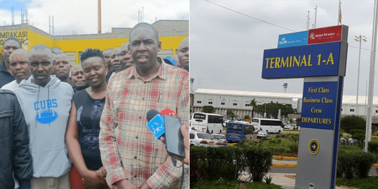 Kenya Aviation Workers Union (KAWU), led by their Secretary General Moss Ndiema, address the press and JKIA Terminal. Photo/ courtesy