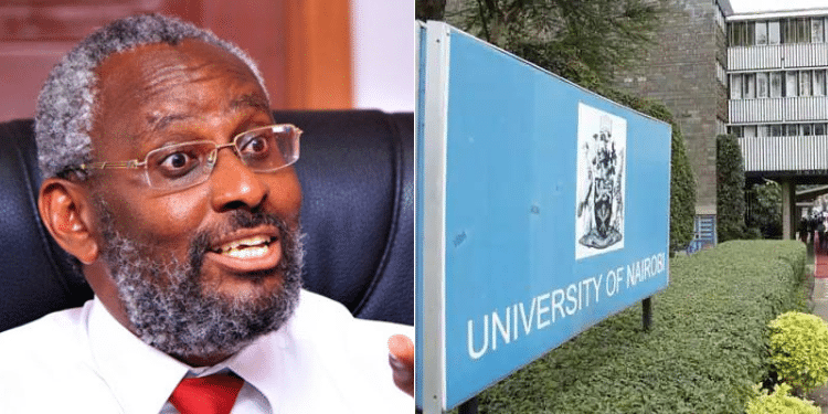 Side to side photo of UoN Vice Chancellor Stephen Kiama and UON entrance. Photo/Courtesy