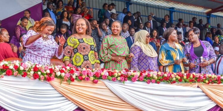 Governor Wavinya Ndeti (L), Anne Waiguru, Susan Kihika, Fatuma Achani, Cecily Mbarire and Gladys Wanga during the launch of G7 in Machakos County. Photo/ File