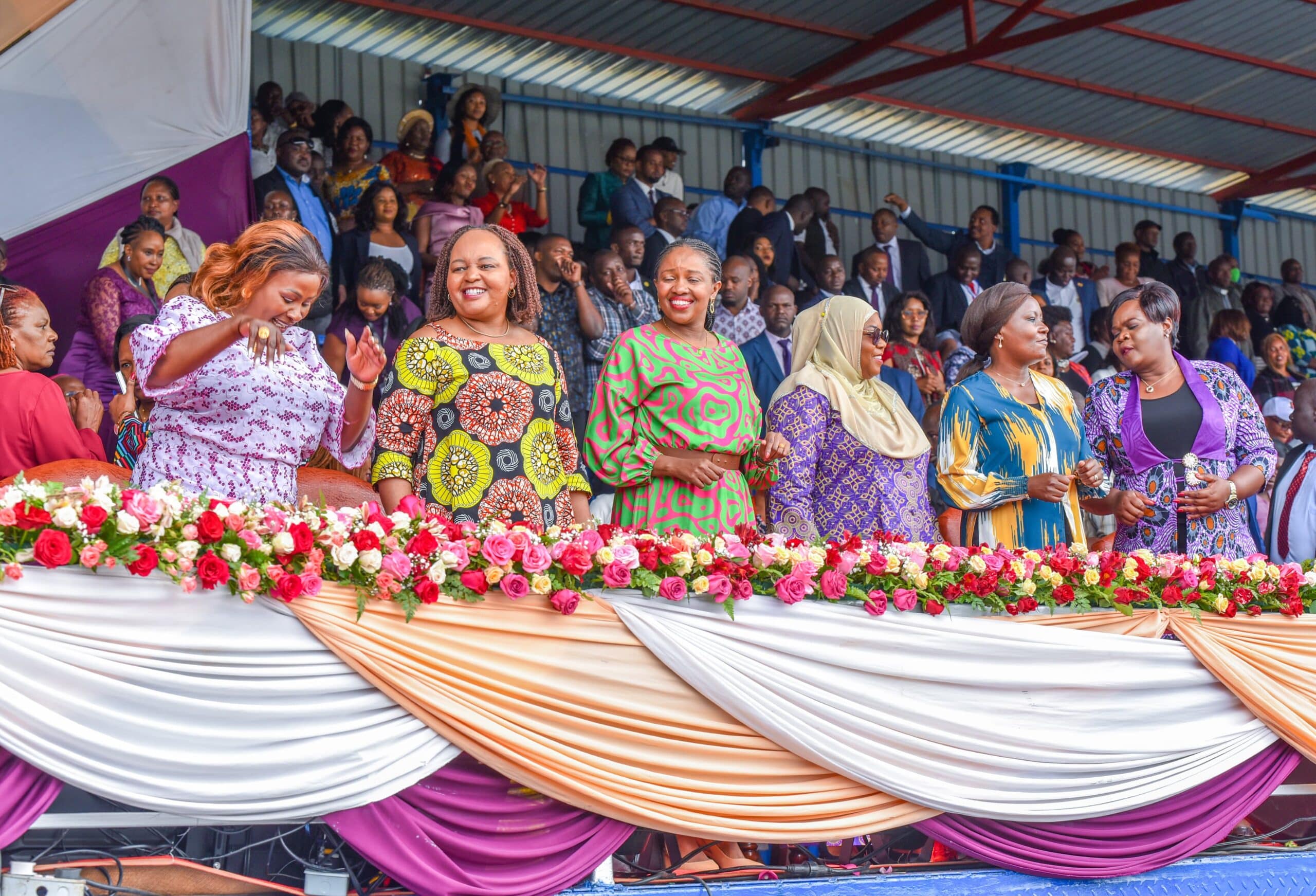 Governor Wavinya Ndeti (L), Anne Waiguru, Susan Kihika, Fatuma Achani, Cecily Mbarire and Gladys Wanga during the launch of G7 in Machakos County. Photo/ File