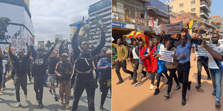 A collage protests in the streets of Nairobi during the anti-government demos (left) and a photo of protesters in Uganda. photo/[TKT/Courtesy]
