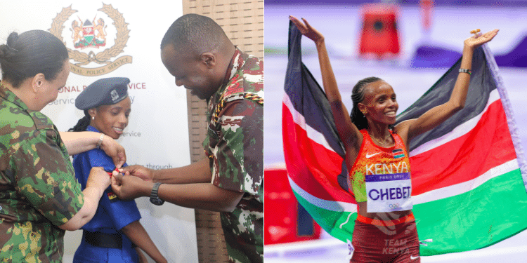 A photo collage of Beatrice Chebet with Ag. Police IG Gilbert Masengeli and a photo of Beatrice Chebet celebrating her victoryu.