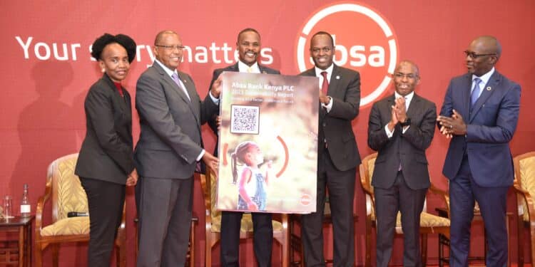 Absa Bank Kenya Country Credit Director Christine Mwai-Marandu, Board Chairman Charles Muchene, State Department of Environment PS Dr. Eng. Festus Ngen'o, Absa Bank Kenya MD & CEO Abdi Mohamed, Safaricom CEO Peter Ndegwa and Chairperson of Global Compact Network Kenya Mr. Martin Ochien’g during the launch of the Bank's 2023 Sustainability Report. Photo/ABSA