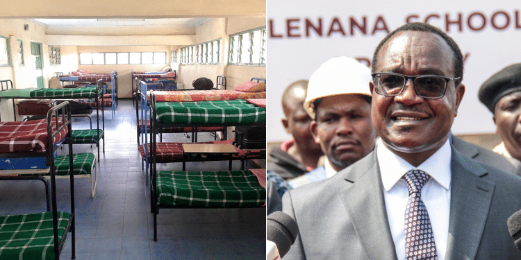 A collage of a hostel arrangement and a photo of Education CS Julius Ohamba speaking at Lenana School. photo- Edumin/ Wonderland School.