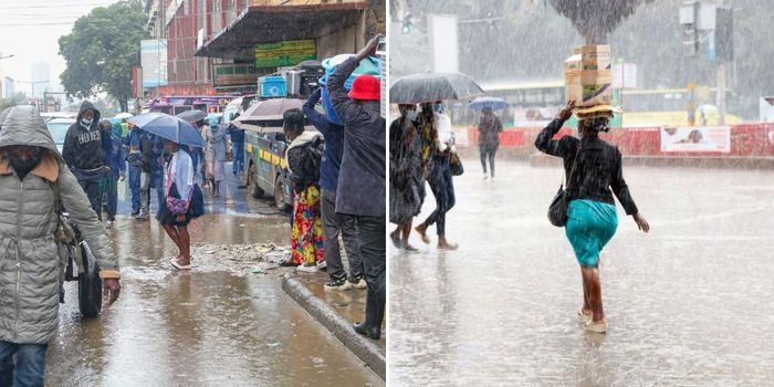A photo collage showing a section of Kenyans walking in the rainA photo collage showing a section of Kenyans walking in the rain