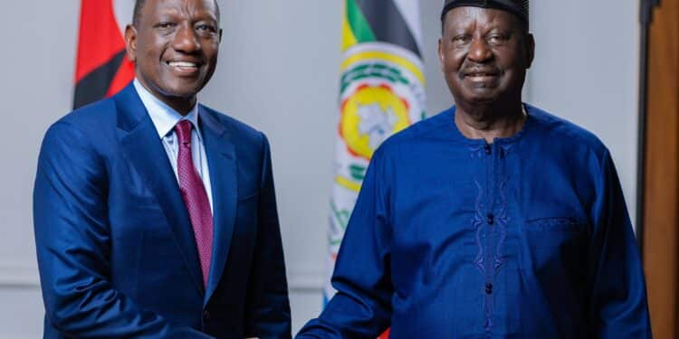 President William Ruto and Kenya's former Prime Minister Raila Odinga during AUC bid launch at State House Nairobi. PHOTO/PCS.