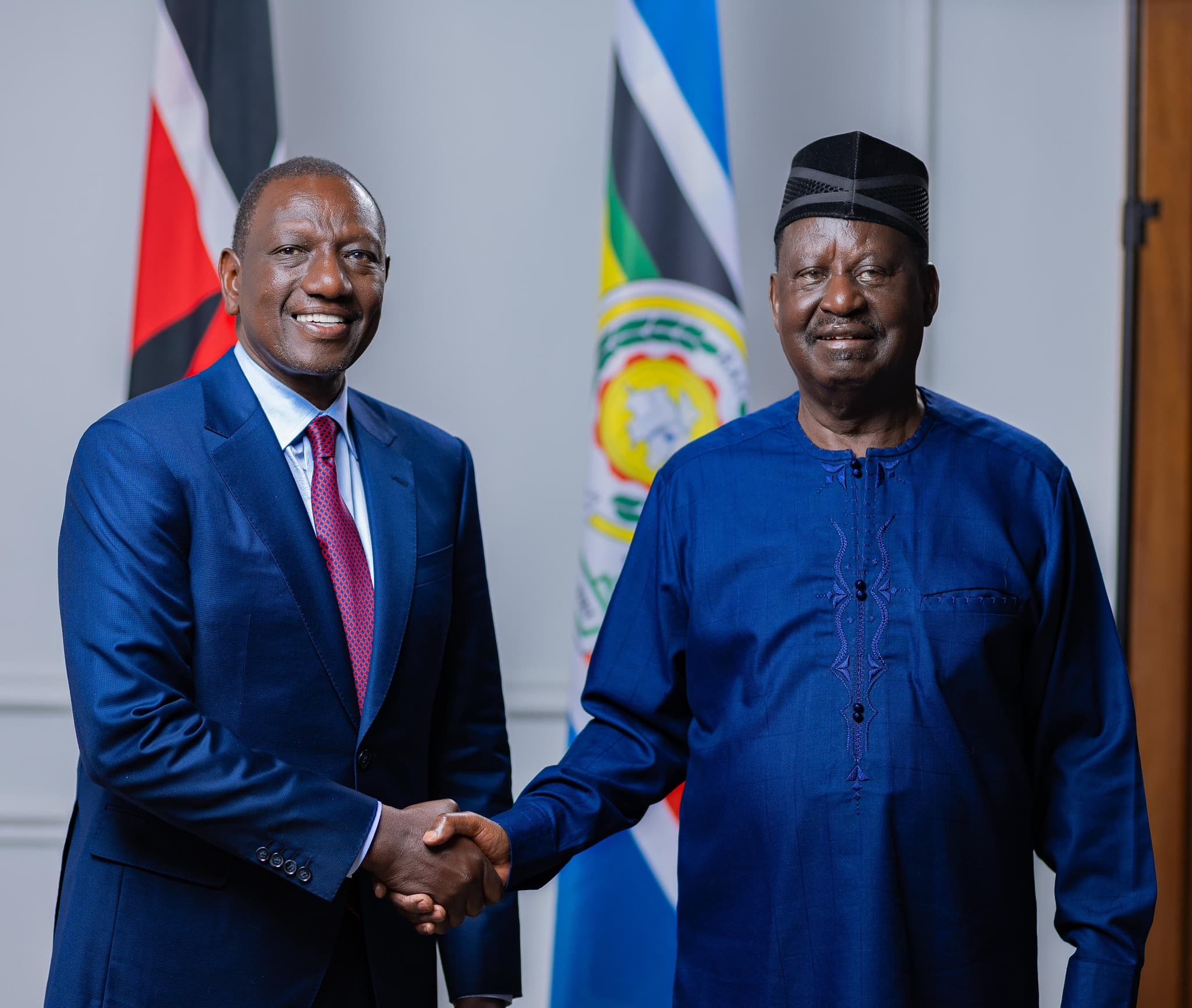 President William Ruto and Kenya's former Prime Minister Raila Odinga during AUC bid launch at State House Nairobi. PHOTO/PCS.